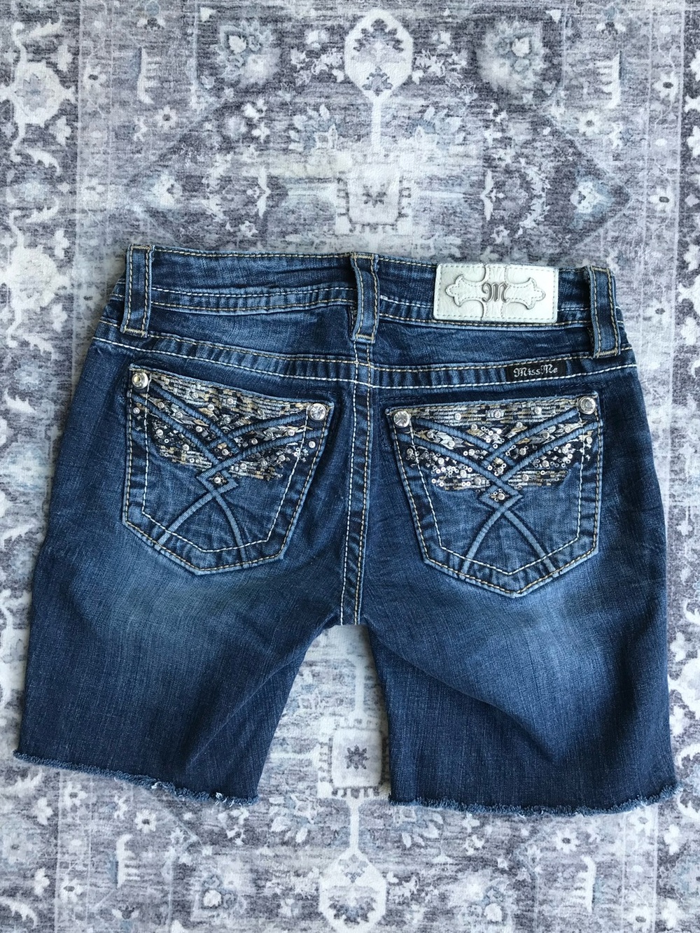 Miss Me Women's Dark Blue Embellished Pocket cut off Bermuda Shorts